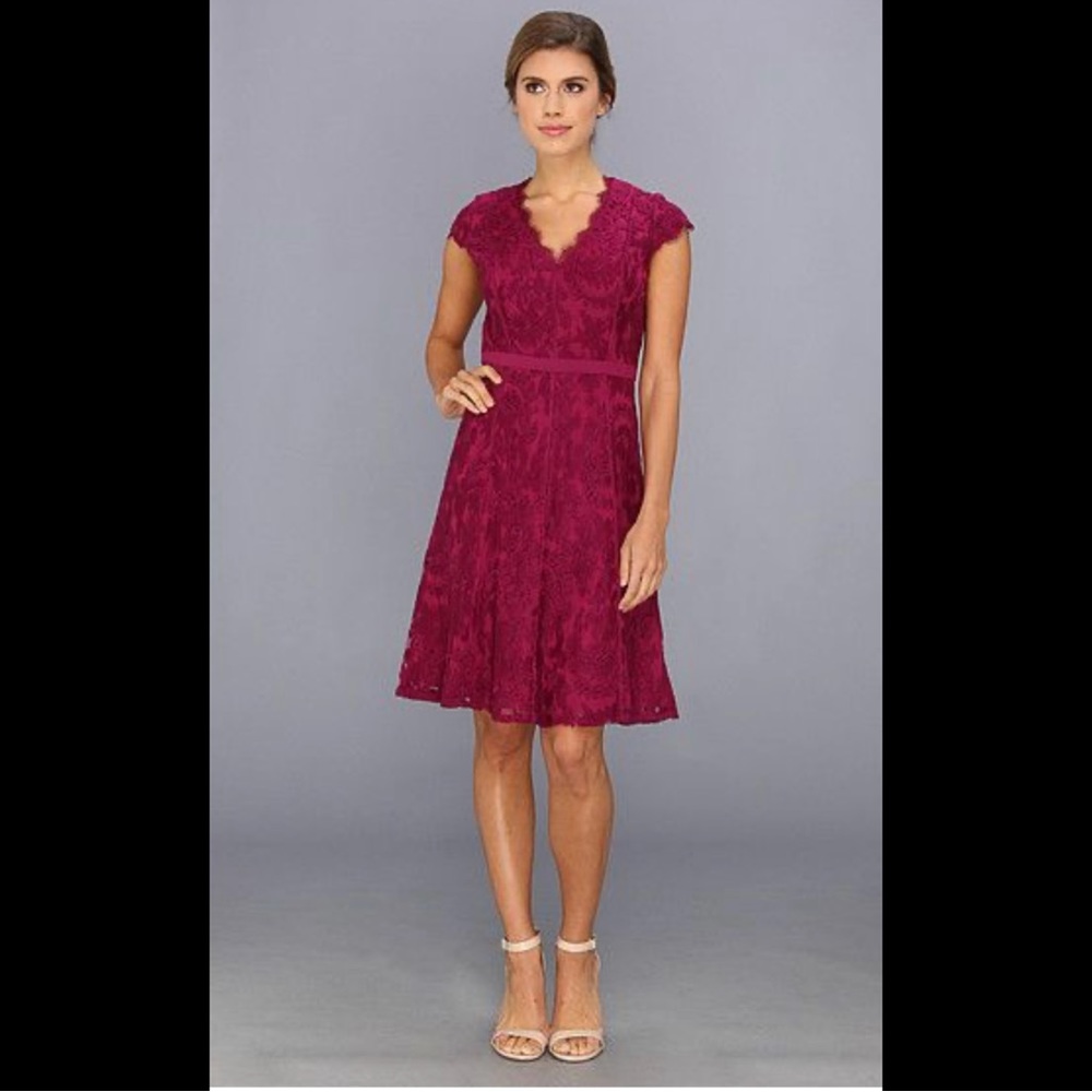 New ADRIANNA PAPELL Illusion Inset Fit Flare Dress Crushed Berry Purple Magenta - Picture 1 of 11